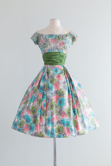 Fabulous Late 1950's Cotton Floral Print Party Dress / Waist 26
