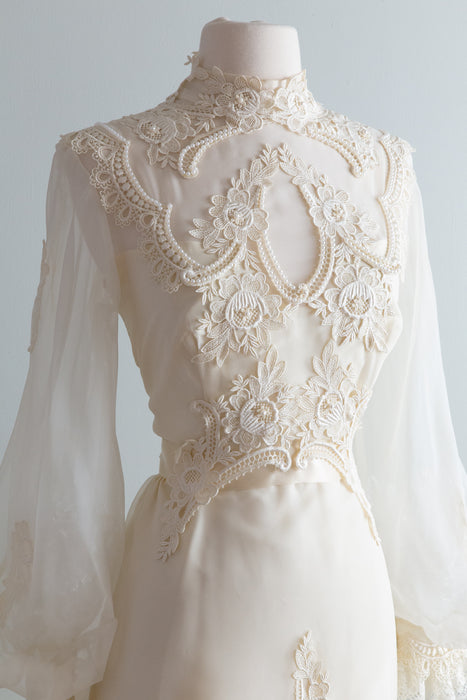 1970's Ivory Vintage Edwardian Style Wedding Dress With Bishop Sleeves / Medium