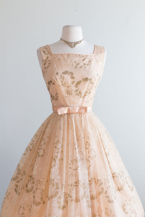 Beautiful 1950s Peach Floral Print Party Dress / Small