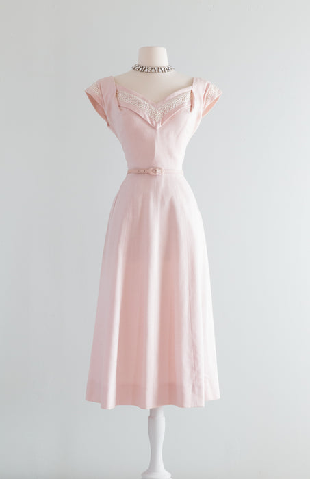 Stunning 1950's Pink Linen Dress With Full Skirt By Elfreda-Fox / Waist 28"