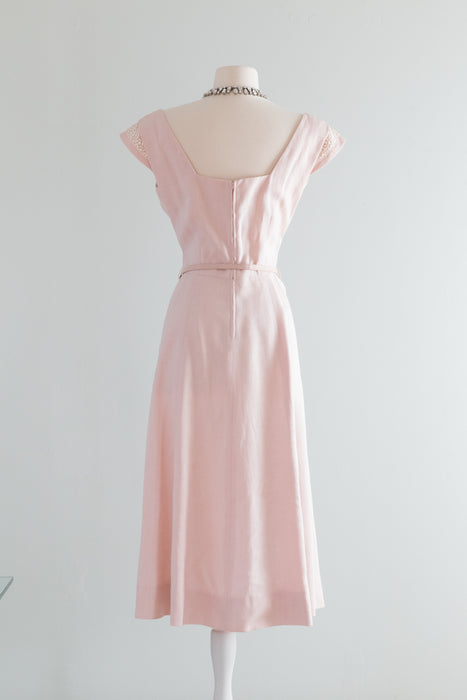 Stunning 1950's Pink Linen Dress With Full Skirt By Elfreda-Fox / Waist 28"