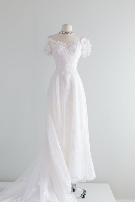 Ethereal 1970's Floral Lace Wedding Gown By Bianchi / Small