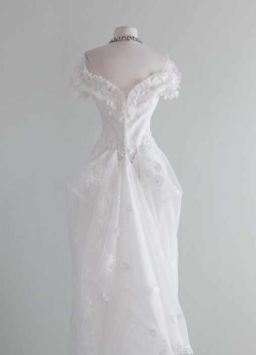 Ethereal 1970's Floral Lace Wedding Gown By Bianchi / Small