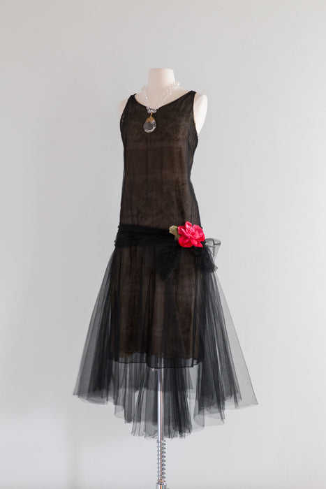 Dramatic 1920's Black Silk Net Evening Dress With Embroidery / Medium