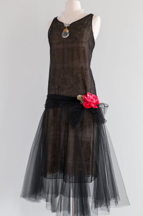 Dramatic 1920's Black Silk Net Evening Dress With Embroidery / Medium