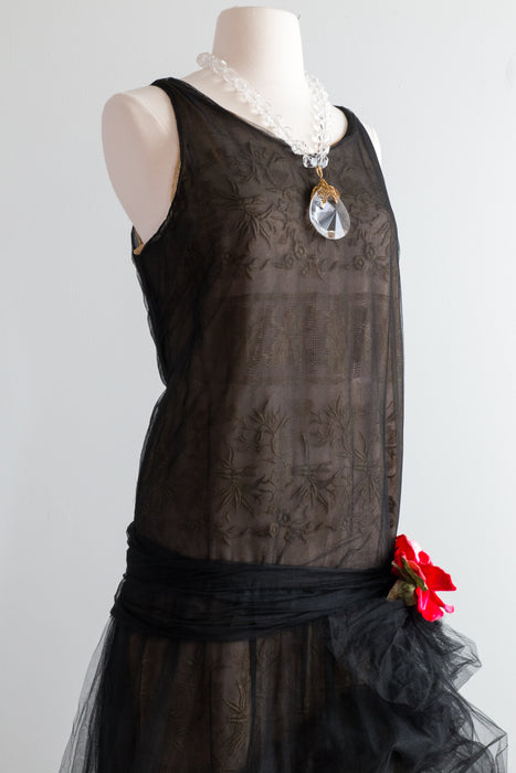 Dramatic 1920's Black Silk Net Evening Dress With Embroidery / Medium