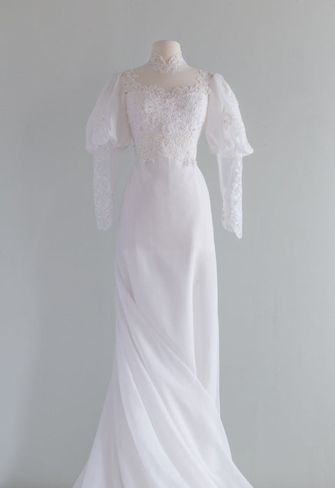 Dreamy 1970's Edwardian Style Wedding Gown With Lace Sleeves and Bodice / Small