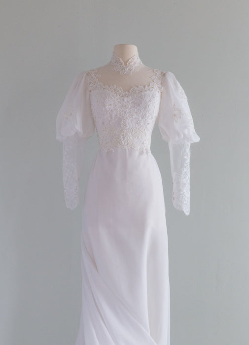 Dreamy 1970's Edwardian Style Wedding Gown With Lace Sleeves and Bodice / Small