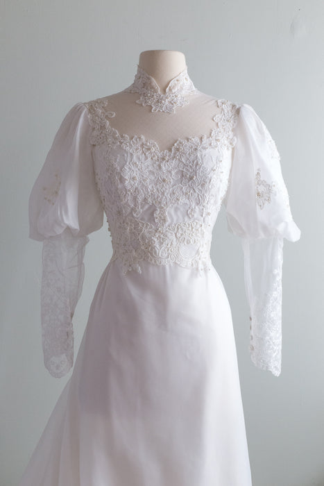 Dreamy 1970's Edwardian Style Wedding Gown With Lace Sleeves and Bodice / Small