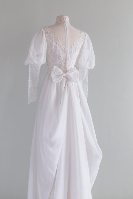 Dreamy 1970's Edwardian Style Wedding Gown With Lace Sleeves and Bodice / Small