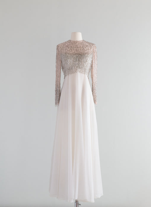 Icicle 1960's Ivory Chiffon Beaded Evening Gown / Medium
