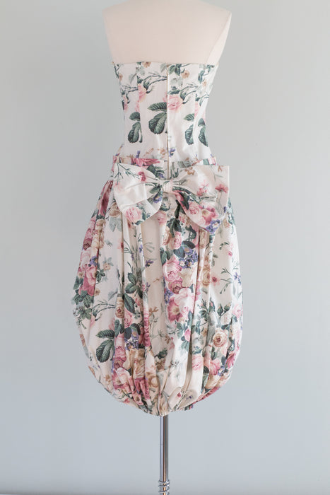 Dreamy 1980's Bucolic Rose Floral Print Cotton Party Dress / Waist 26