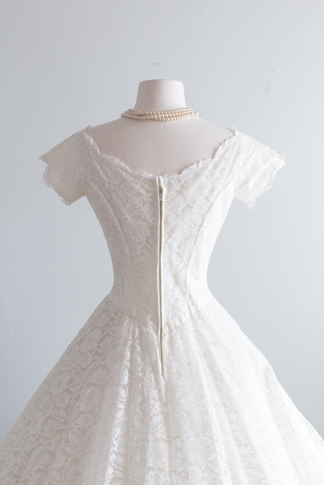 Classic 1950's Tea Length Lace Wedding Dress By Lorie Deb / Waist 26"