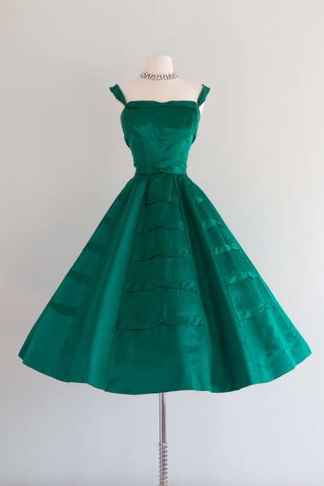 1950's Demi Couture Emerald Green Silk Cocktail Dress By Rappi / Waist 27