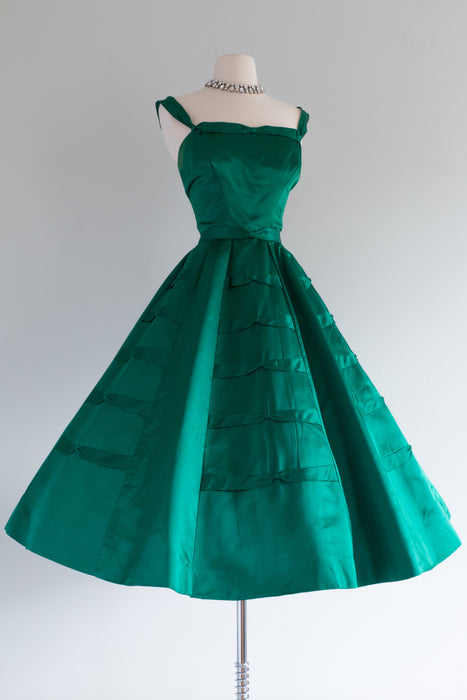 1950's Demi Couture Emerald Green Silk Cocktail Dress By Rappi / Waist 27