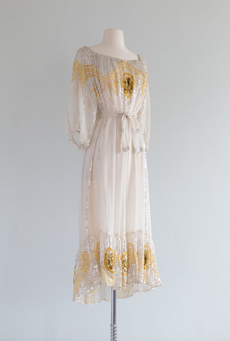 1970s LUXE BOHEMIAN Silk Chiffon Sequin Dress by SWEE LO / OS