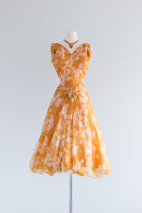 Stunning 1950's Marigold Silk Party Dress by Dorothy Hubbs / Medium
