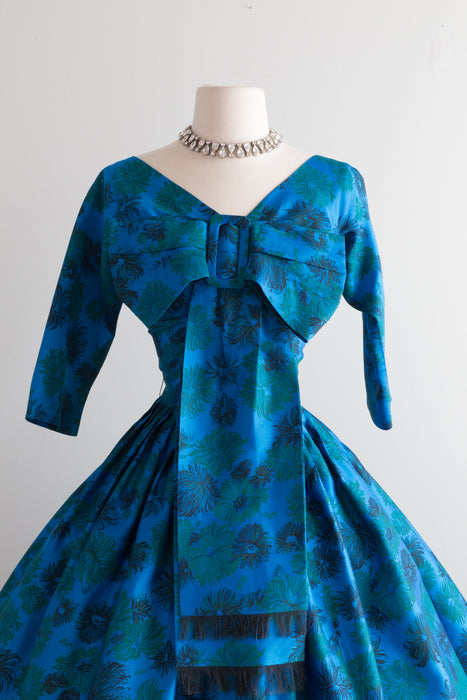 1950's Silk Peacock Colored Abstract Floral Party Dress With Bow / Small