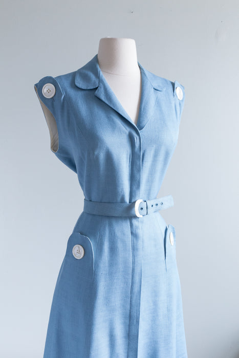 Classic 1950's Sky Blue Linen Dress By Pat Premo / Medium