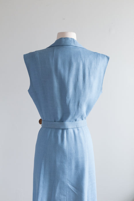 Classic 1950's Sky Blue Linen Dress By Pat Premo / Medium