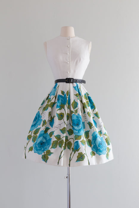 1950's Novelty Print Blue Roses Cotton Dress With Script / XS