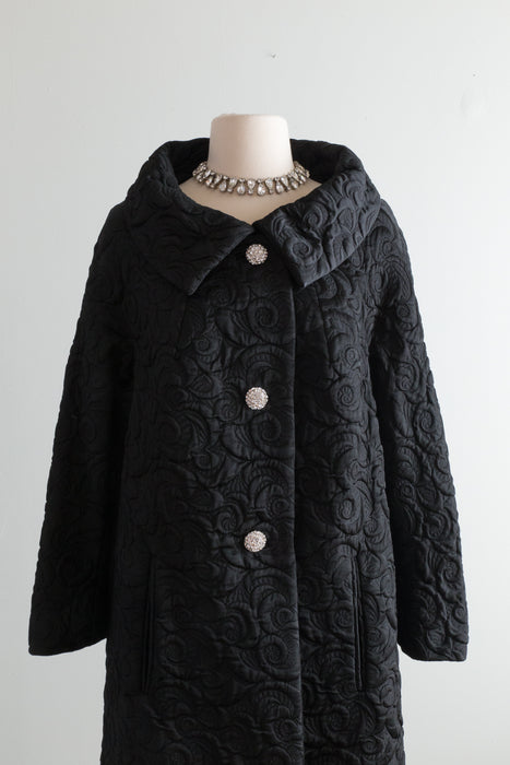 FABULOUS 1960's Black Brocade Evening Coat From Montaldos / Medium