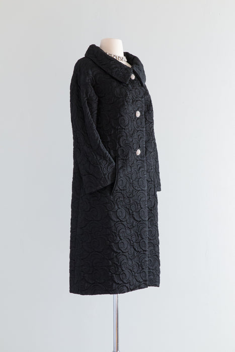 FABULOUS 1960's Black Brocade Evening Coat From Montaldos / Medium