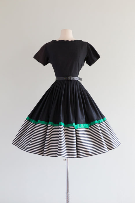 Charming 1950's Black Cotton Dress With Emerald Bow By L'Aignon / Small