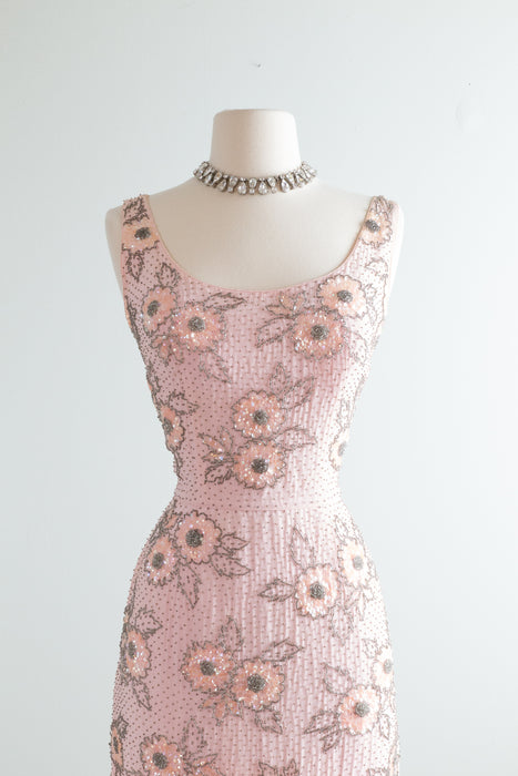 Elegant 1960's Beaded Pale Pink Cherry Blossom Cocktail Dress / SM