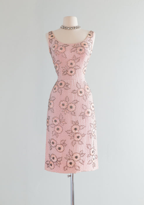 Elegant 1960's Beaded Pale Pink Cherry Blossom Cocktail Dress / SM