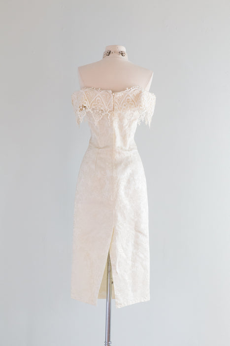 Vintage 1980's Ivory & Gold Brocade Romantic Lace Dress / SM