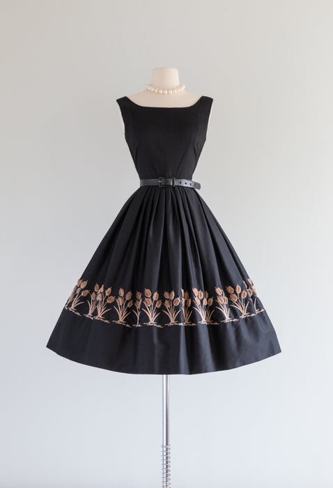 Beautiful 1950's Black Cotton Cattails Sundress By Jeanne d'arc / Small