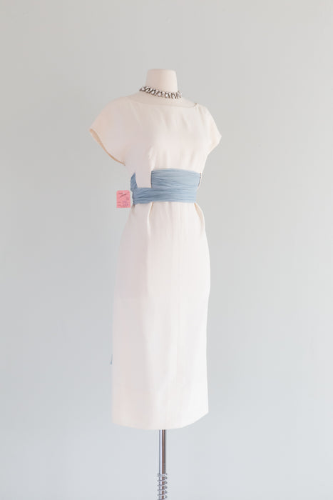 Elegant 1950's NOS Irene White Silk Wiggle Dress With Blue Sash / SM
