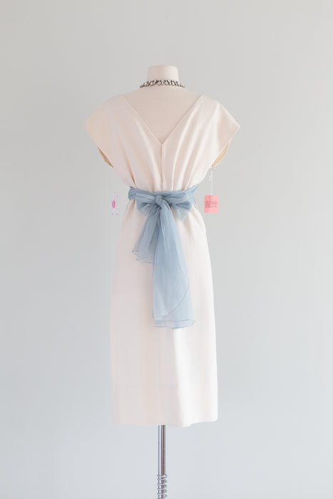 Elegant 1950's NOS Irene White Silk Wiggle Dress With Blue Sash / SM