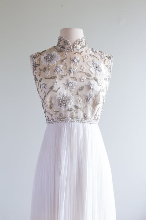 Fabulous 1960's Illusion Bodice Embroidered Pleated Ivory Wedding Gown / ML