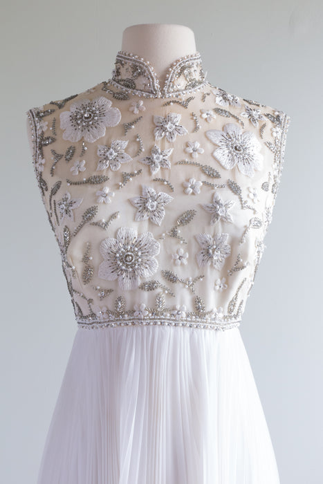 Fabulous 1960's Illusion Bodice Embroidered Pleated Ivory Wedding Gown / ML