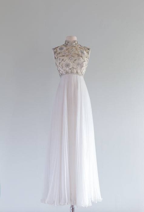 Fabulous 1960's Illusion Bodice Embroidered Pleated Ivory Wedding Gown / ML