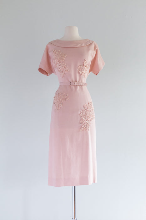 1950's Rose Blush Wiggle Dress With Lace Applique' / Waist 34