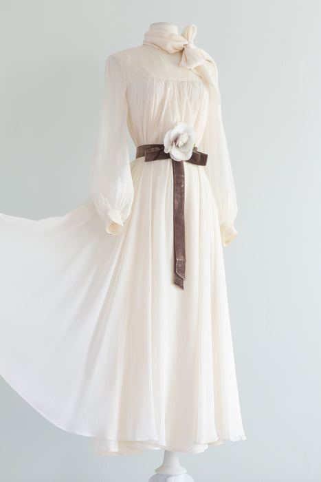 Chic 1970's Ivory Chiffon Wedding Dress With Bishop Sleeves Camellia Sash / Medium