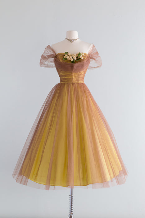 Beautiful 1950's Daffodil Yellow And Auburn Prom Dress / Small