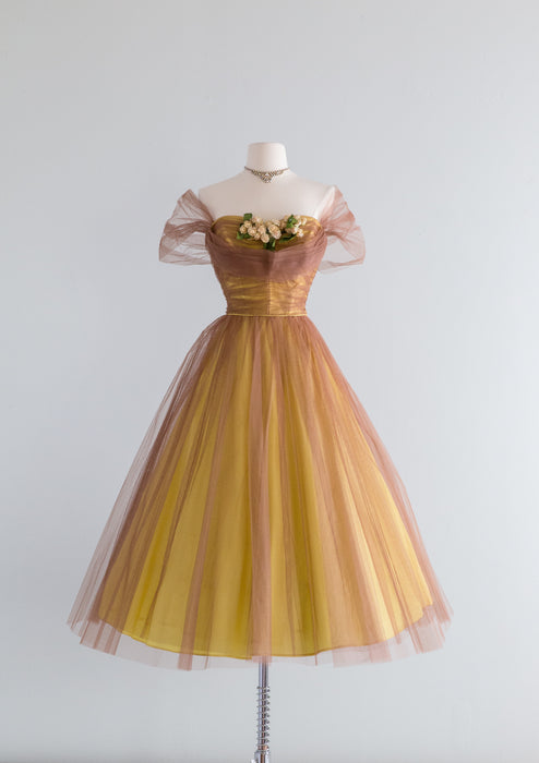 Beautiful 1950's Daffodil Yellow And Auburn Prom Dress / Small Xtabay Vintage Beautiful 1950's Daffodil Yellow And Auburn Prom Dress / Small Xtabay Vintage