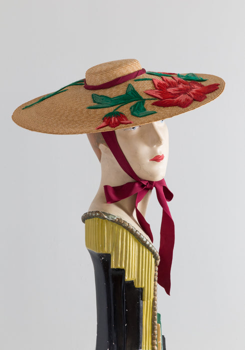 Fabulous 1930's Embroidered Straw Cartwheel Hat From France