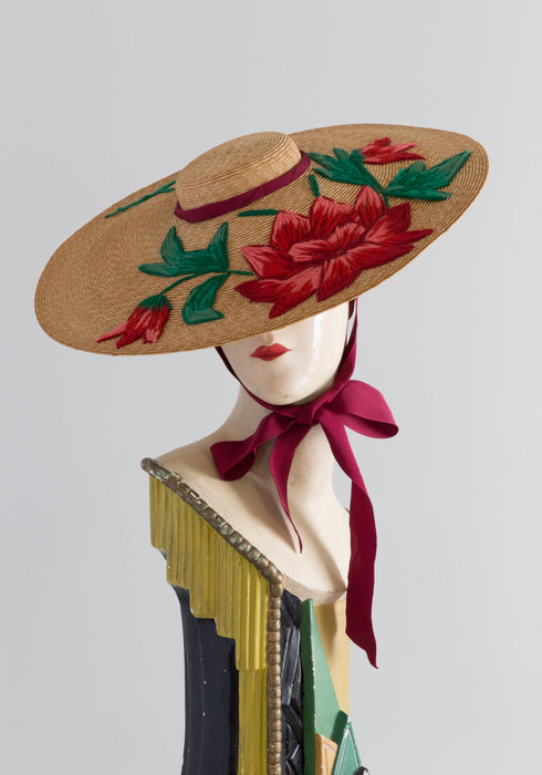 Fabulous 1930's Embroidered Straw Cartwheel Hat From France