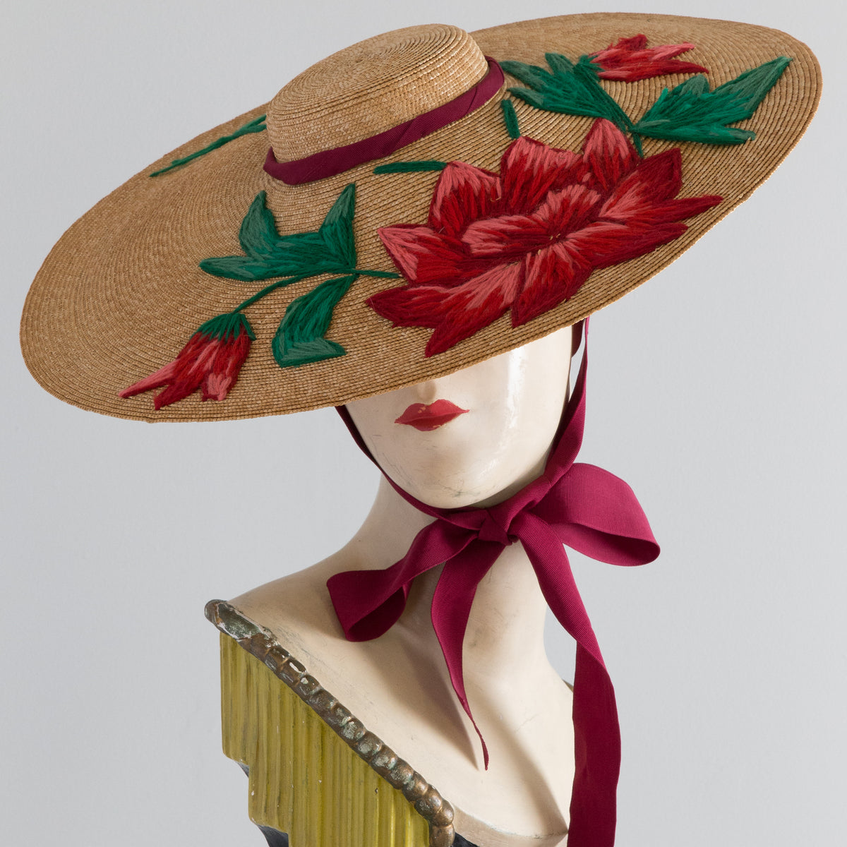 Vintage Floral Embroidered Straw Hat Vintage 1930s Embroidered French Straw Hat – ALEXANDRA-KING main image 2