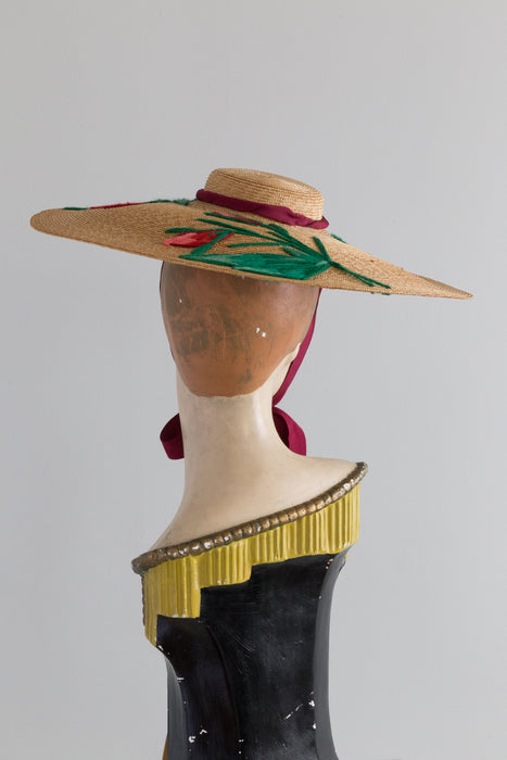 Fabulous 1930's Embroidered Straw Cartwheel Hat From France