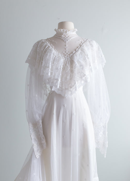 1970s Victorian Inspired Wedding Gown With Balloon Sleeves and Embroidered Lace / Small
