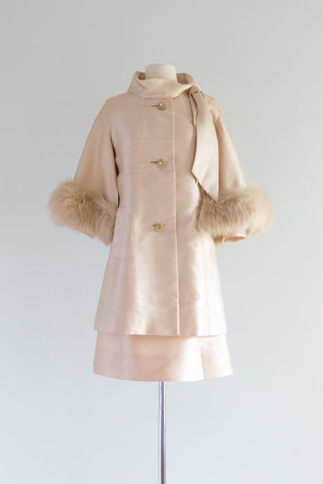 Fabulous 1960's Lilli Ann Champagne Silk Dress & Matching Coat / Medium