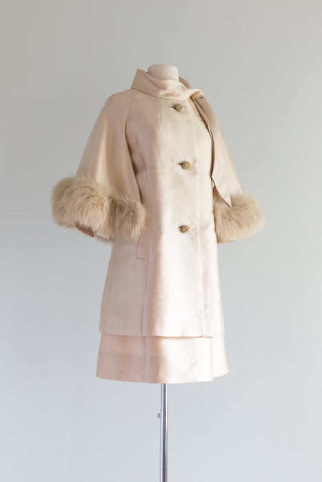 Fabulous 1960's Lilli Ann Champagne Silk Dress & Matching Coat / Medium