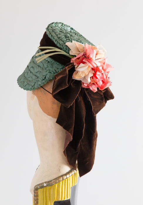 Fabulous 1930s Green Straw Bonnet With Velvet Bow & Flowers