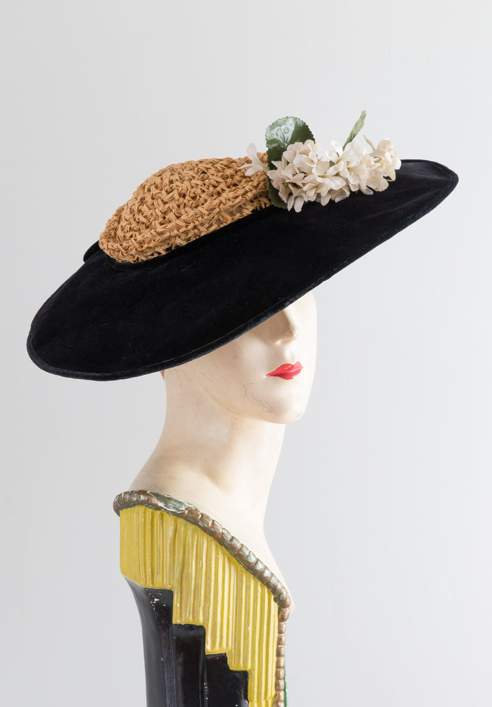 Fabulous 1950's Black Velvet & Straw Cartwheel Hat by Mabel